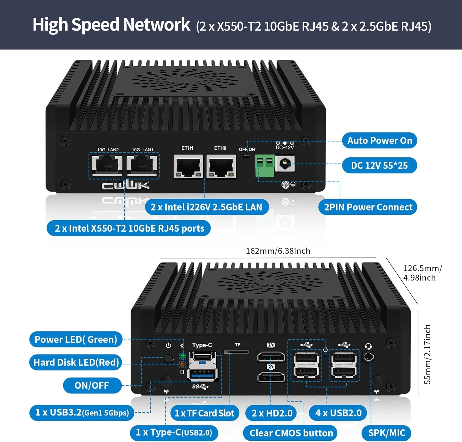 CWWK Intel 150 10GBE RJ45 Back Rückseite
