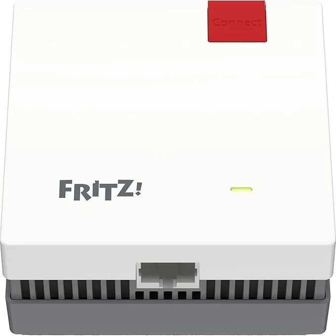 FRITZ!Repeater 1200 AX Ansicht mit LAN-Anschluss und Connect-Taste für einfache Einrichtung.