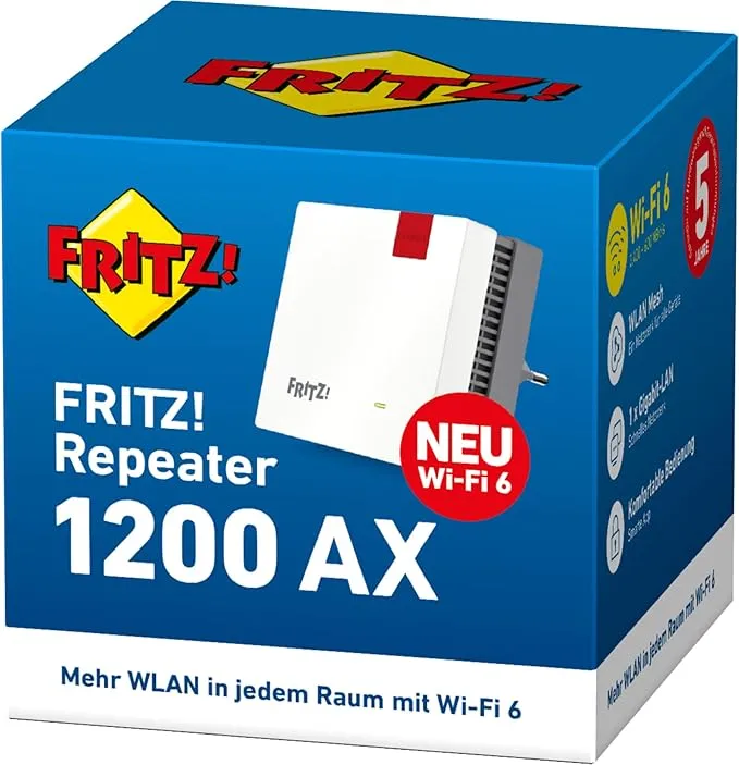 Originalverpackung des FRITZ!Repeaters 1200 AX – WLAN Verstärker mit Wi-Fi 6 und Gigabit-LAN.