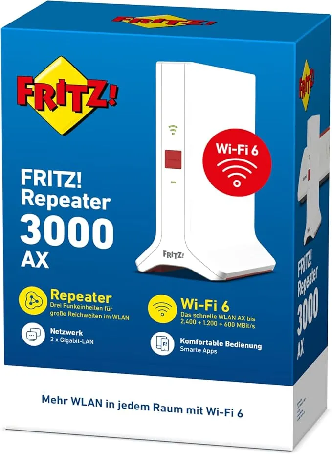 Originalverpackung des FRITZ!Repeaters 3000 AX – WLAN Verstärker mit Wi-Fi 6 und Mesh-Technologie.