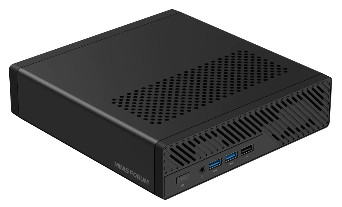 Minisforum MS-A2 Frontansicht – USB, Audio und Power-Button