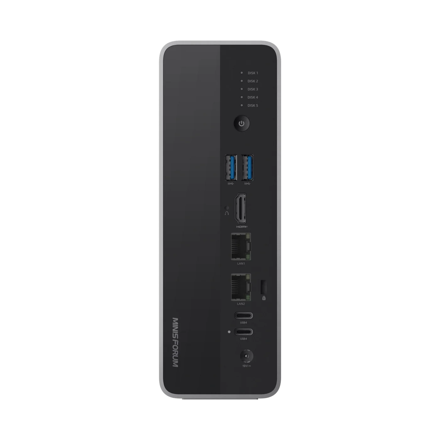 Minisforum S5 Anschlüsse: 2x LAN, HDMI, 2x USB-A, 2x USB4 und Status-LEDs für fünf Laufwerke
